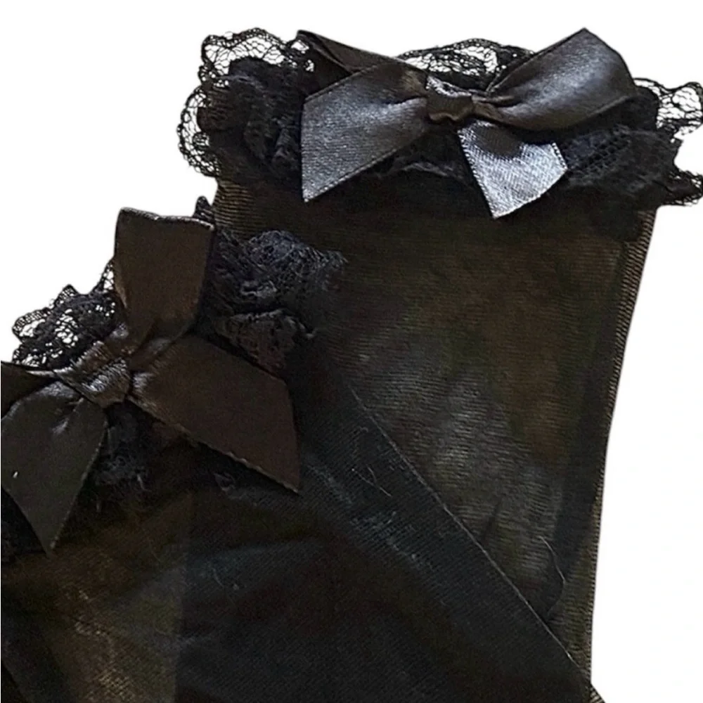 Stretchy Black Sheer Thigh High Stockings With Ruffles & Bows NEW